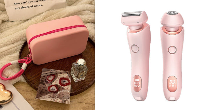 Electric hair trimmer with foil shaving head, pink body and pink travel pouch