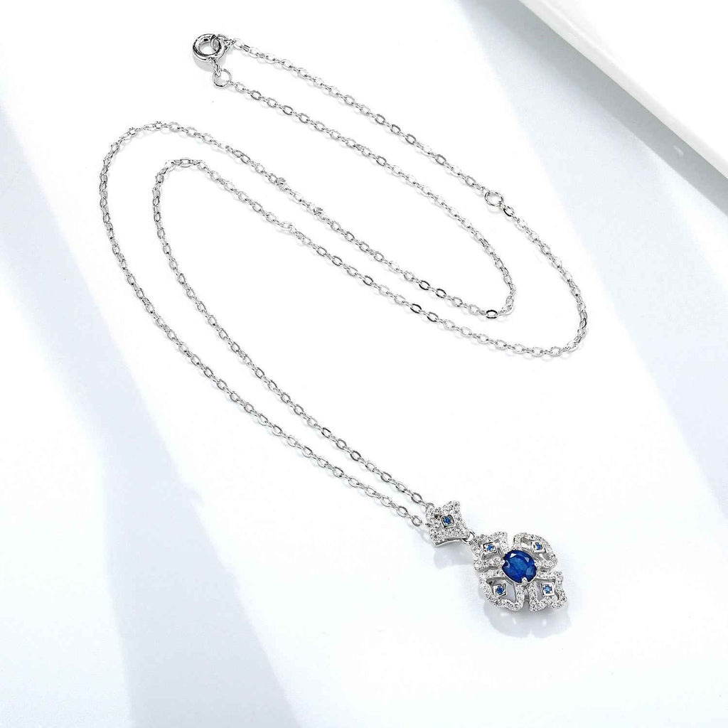 S925 Silver Retro Pattern Necklace Women's Versatile Natural Sapphire Pendant