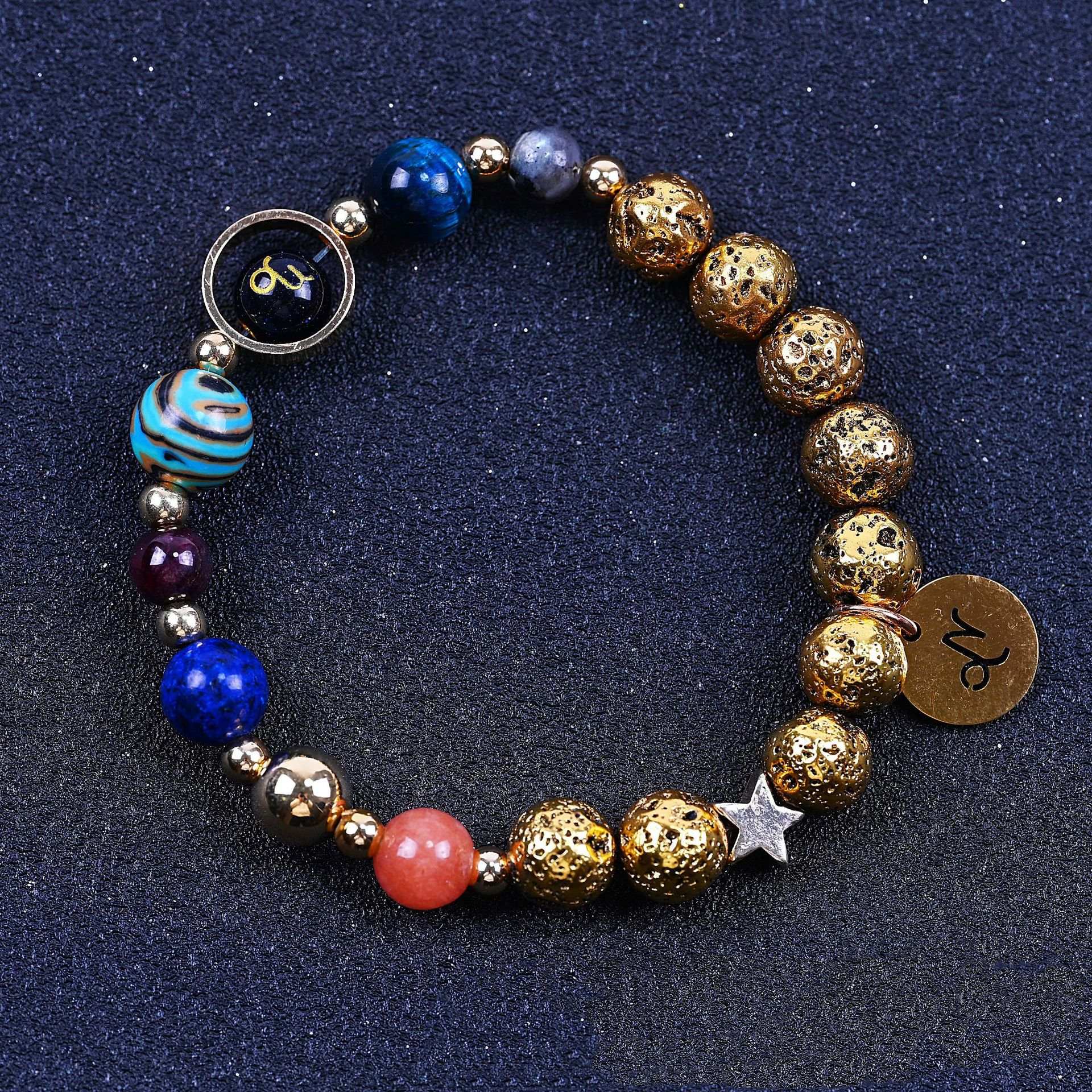 Zwölf-Konstellationen-Armbänder Blau San Vulkangestein Antikes & Gold Perlenarmband