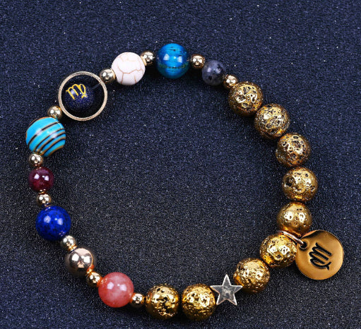 Zwölf-Konstellationen-Armbänder Blau San Vulkangestein Antikes & Gold Perlenarmband