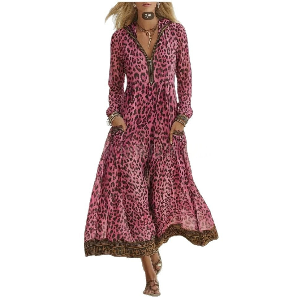 Retro Casual Leopard-Print Hooded Maxi Dress