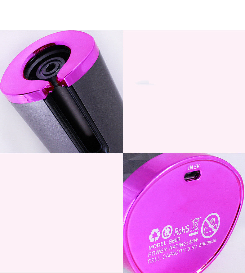 Automatic hair curler, pink and gray body with rotating barrel opening close-up