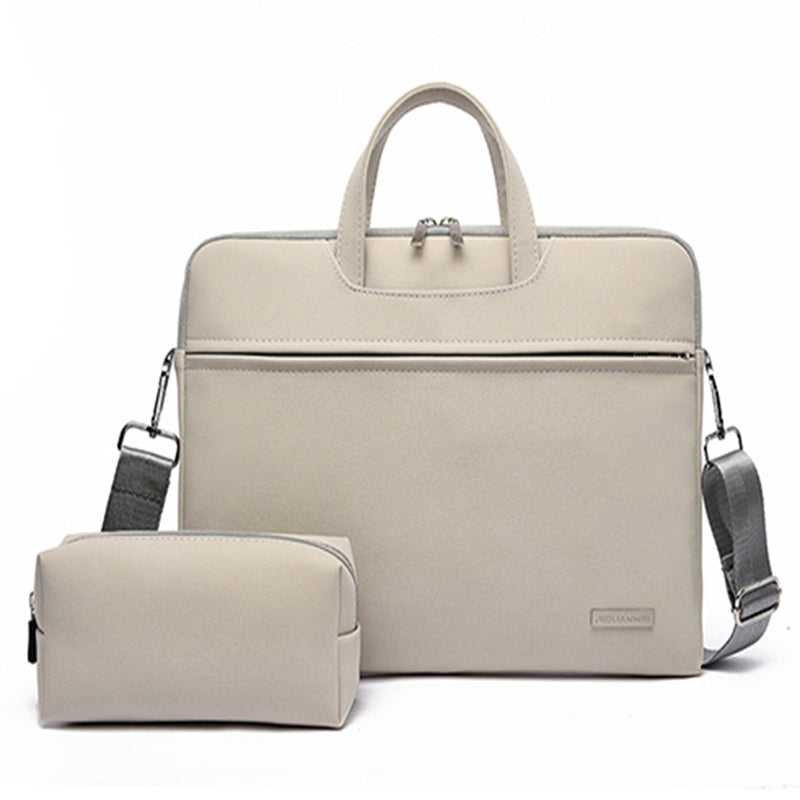 PU leather laptop bag with shoulder strap, front zipper, includes pouch, light beige.