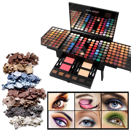 Piano-shaped makeup palette set with mirror, multi-color eyeshadow pans and blush