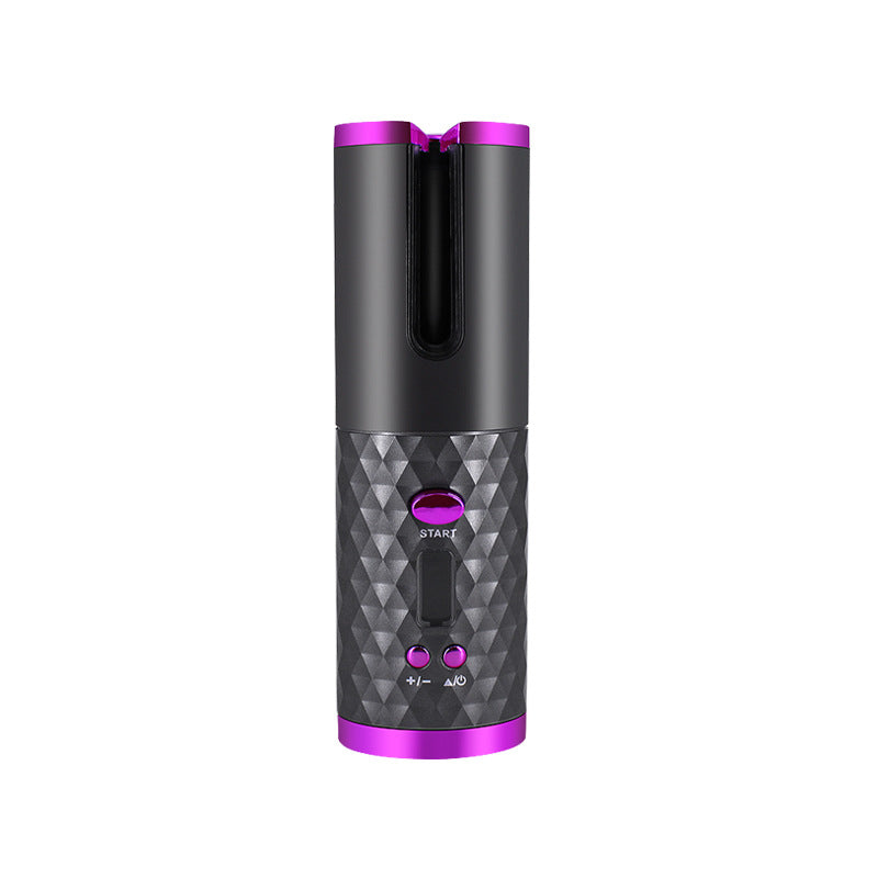 Automatic hair curler, black textured body with purple start button and controls