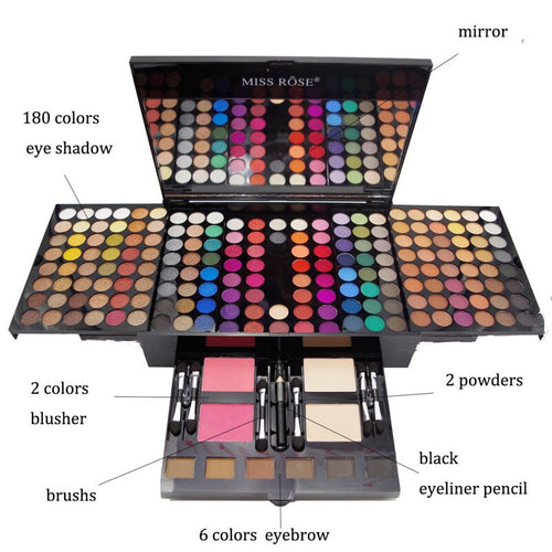 Piano-shaped eyeshadow palette with mirror, multi-color pans, blush shades and tools