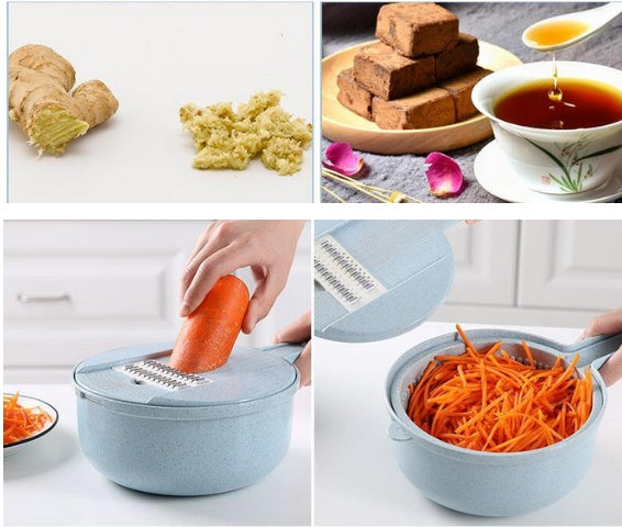 Mandoline vegetable slicer with exchangeable grater options, showing sliced and grated foods.