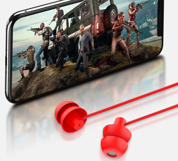 Red wired earbud headphones with inline remote and 3.5mm plug