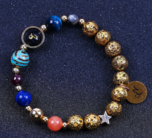 Zwölf-Konstellationen-Armbänder Blau San Vulkangestein Antikes & Gold Perlenarmband