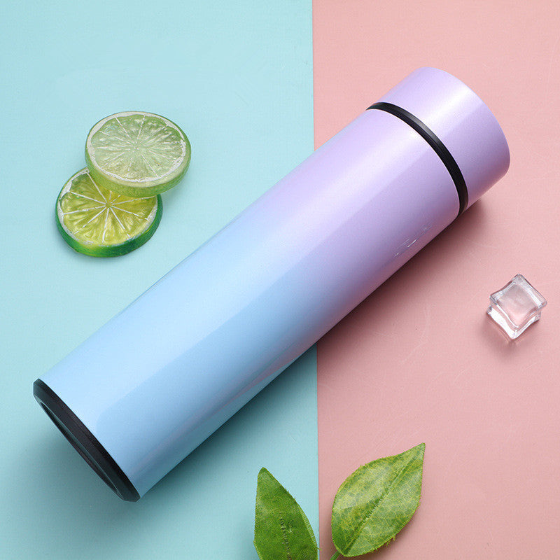 Vacuum insulated stainless steel bottle cup, blue to purple gradient with black rim and lid
