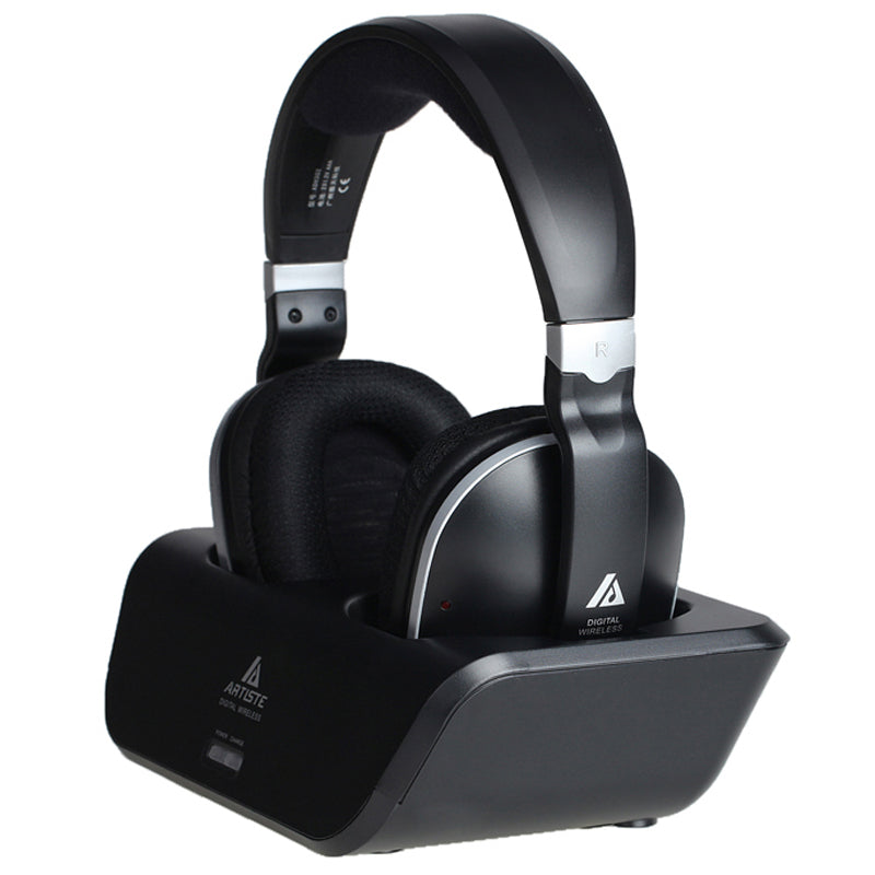 Black on-ear wireless headphones with cushioned ear pads and adjustable headband