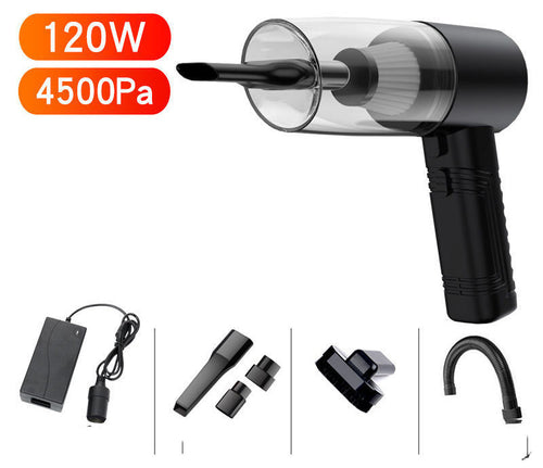 Mini car vacuum cleaner with clear nozzle, black grip, 120W 4500Pa power