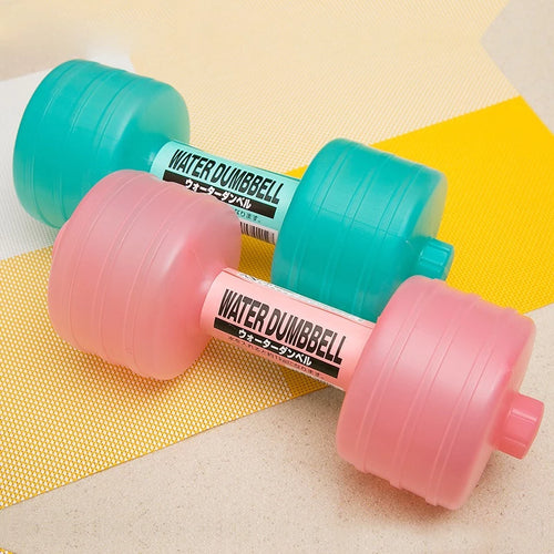 Pink and teal water dumbbells with plastic bottle-style weights