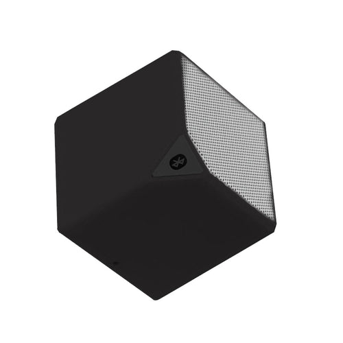 Black Rubik's Cube Bluetooth speaker angled view with top grille and Bluetooth icon