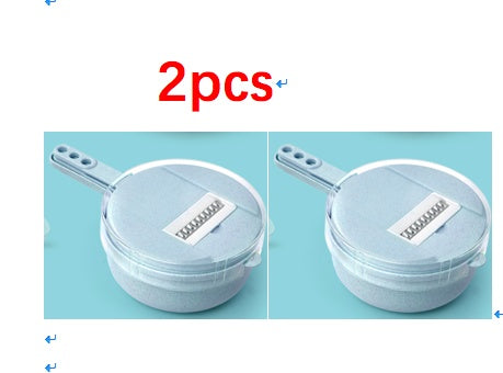 Blue mandoline slicer kit with round grating drum and side handle, two pieces