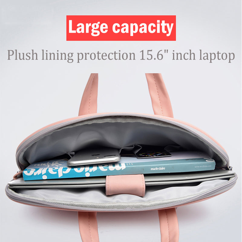 Pink laptop bag open with padded interior and zipper closure for 15.6-inch devices