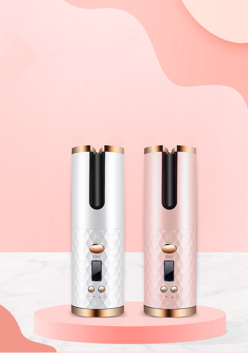 Automatic hair curler pair, white and pink bodies with gold top accents