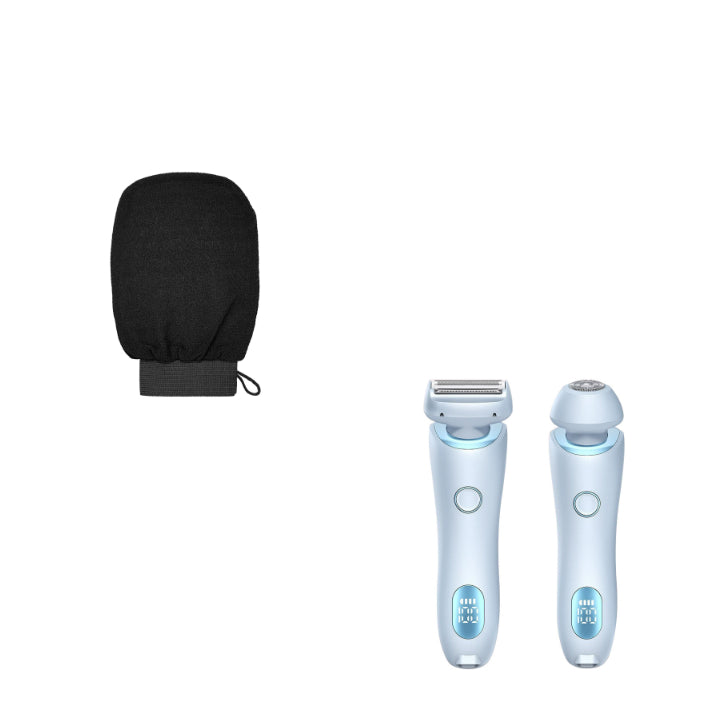 Two-in-one hair removal epilator and trimmer set with black storage pouch, light blue