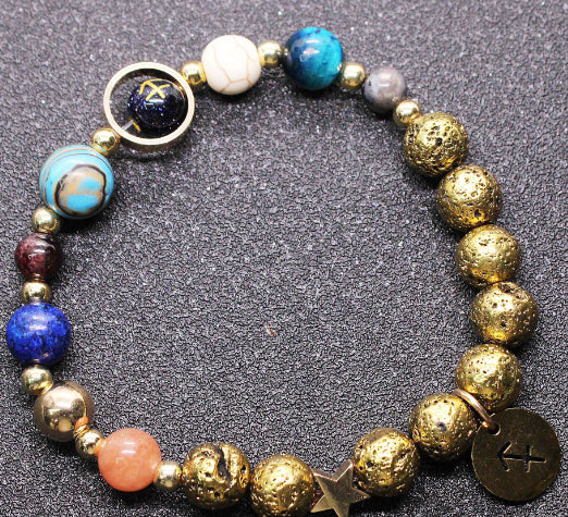 Zwölf-Konstellationen-Armbänder Blau San Vulkangestein Antikes & Gold Perlenarmband