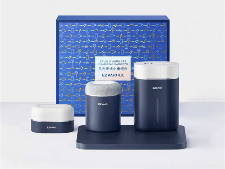 Wireless charging night light speaker set: three cylindrical lights on base, white and dark blue