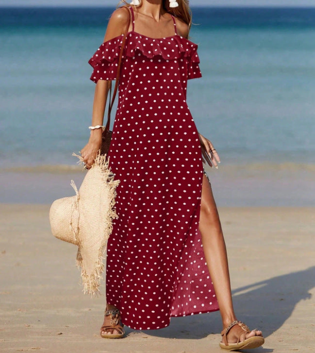 Summer Off-the-Shoulder French-style Polka Dot Dress For Women