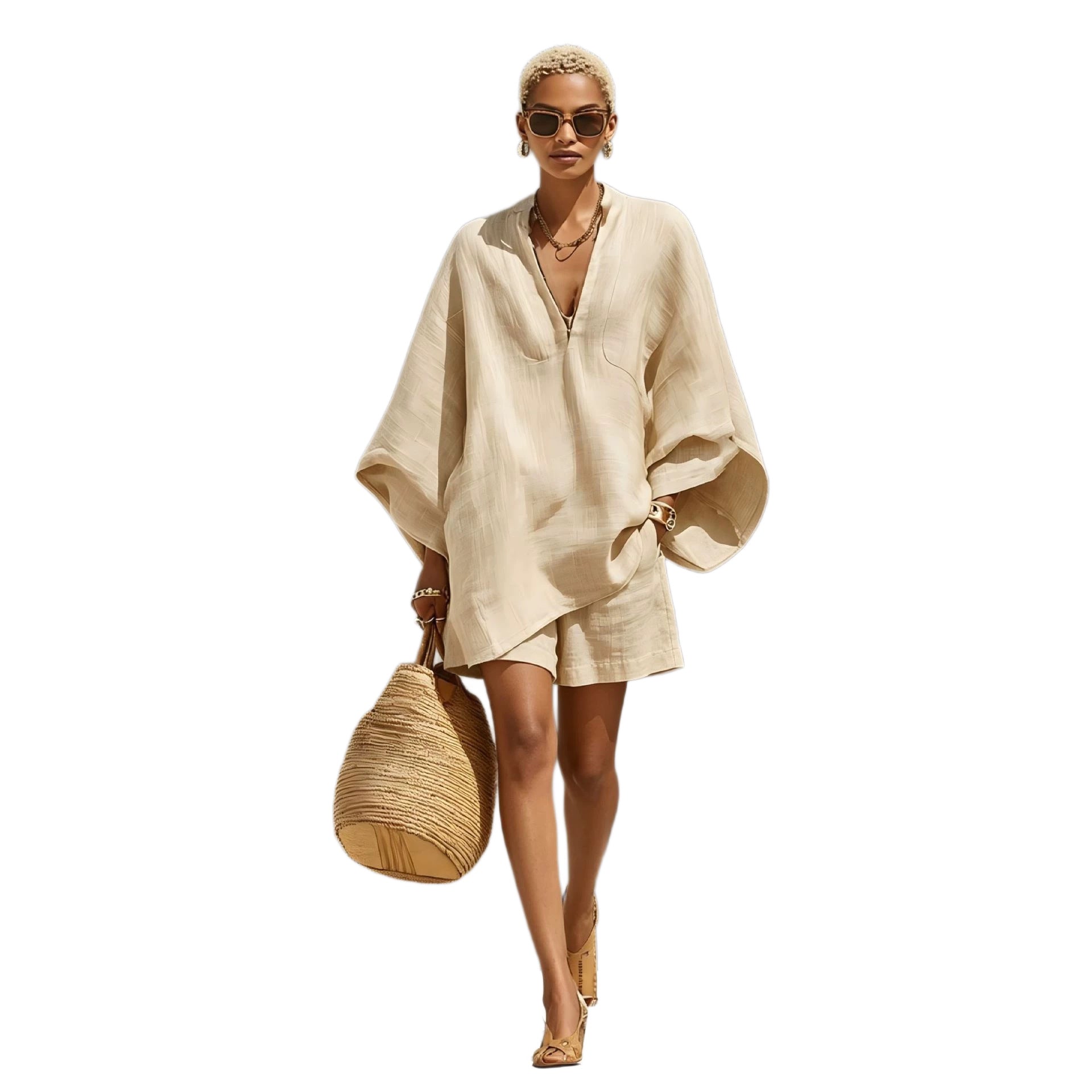 Design Batwing-sleeve V-neck Loose-fit Set