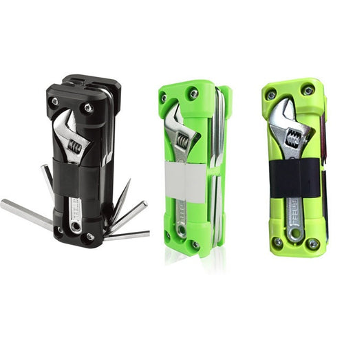 Portable tool sets in black and green with wrench and screwdriver bits