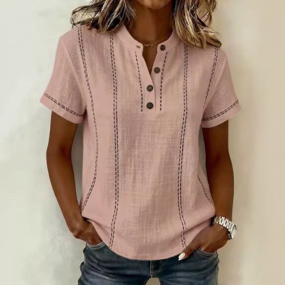 Women’s striped short-sleeve blouse, pink with dark vertical stitching, button V-neck
