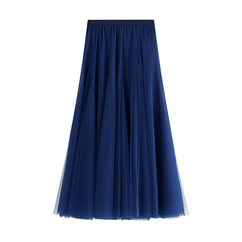 High-waist tulle pleated mid-length skirt, dark blue