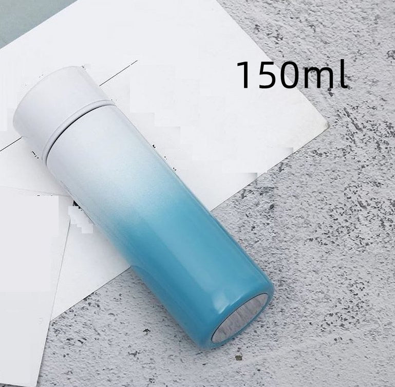 150ml vacuum insulated stainless steel bottle cup, light blue gradient with black rim and lid