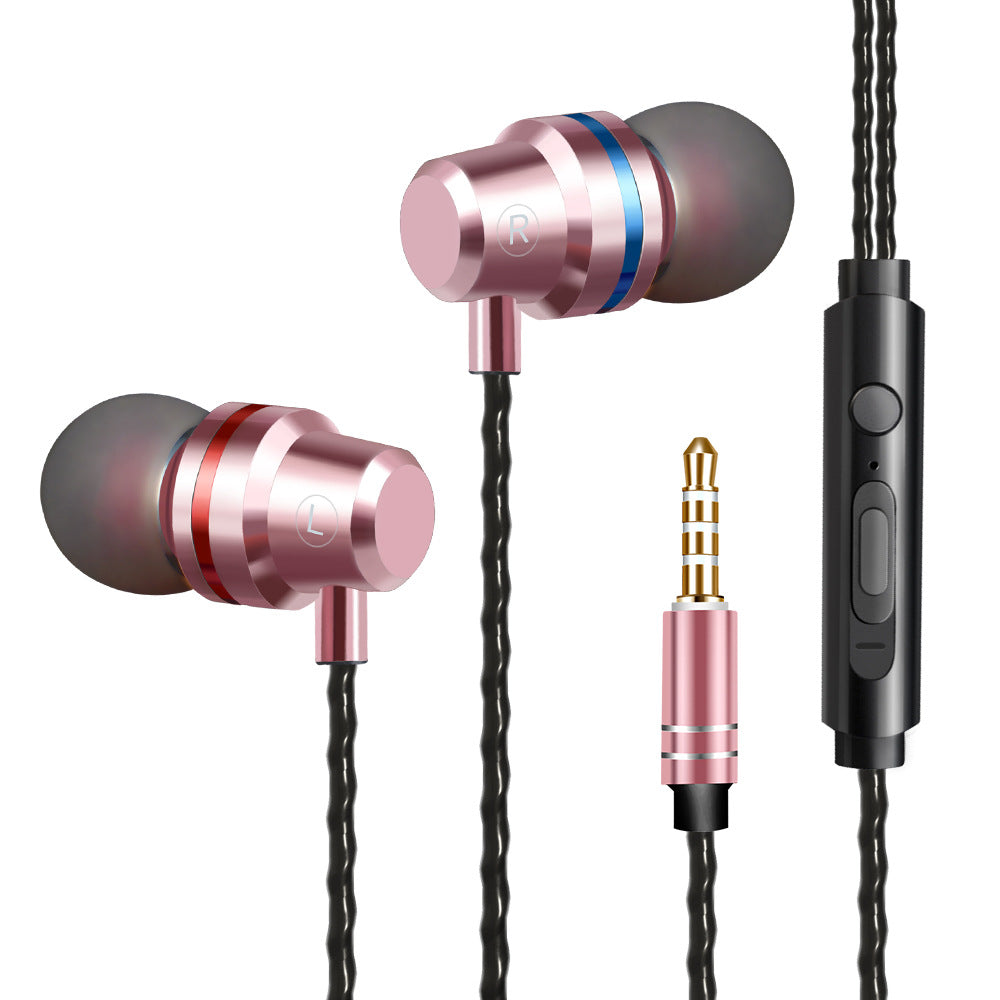In-ear metal wired headphones, rose gold earbuds with blue and white rings, black inline remote