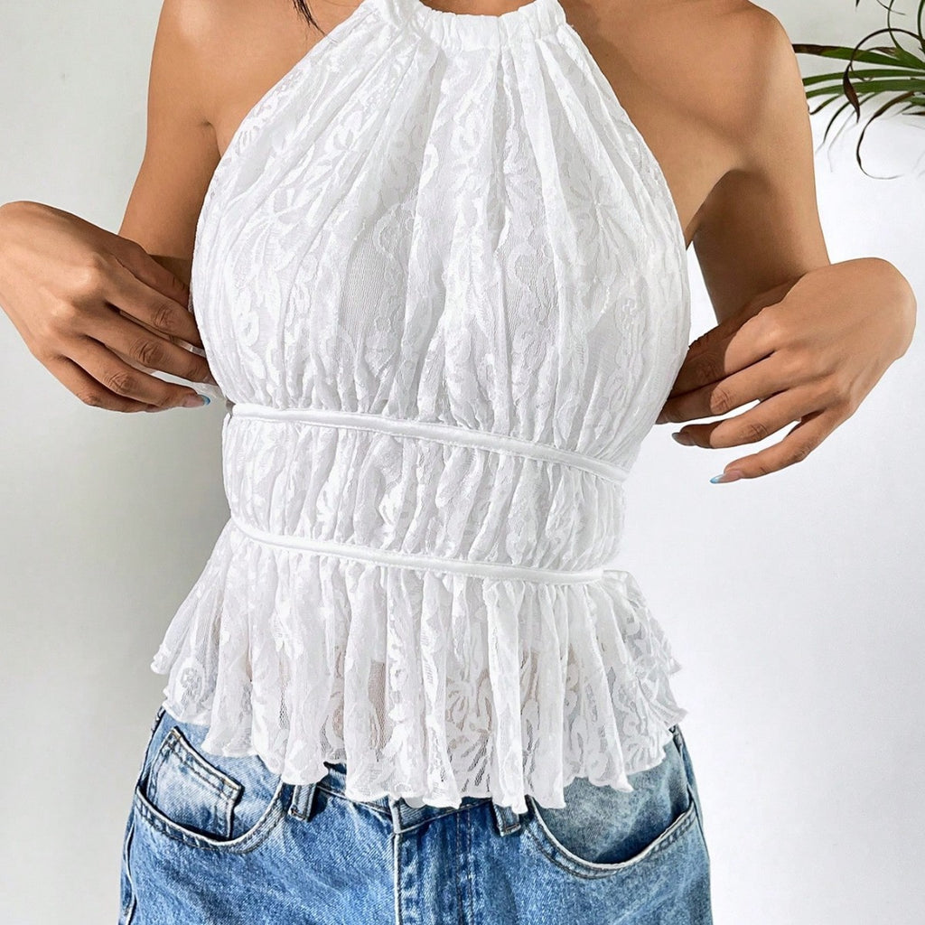Round-neck Pleated Halter Womens Backless Tie-up Top