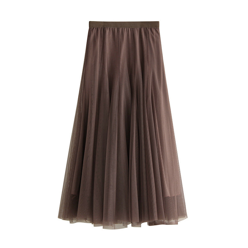 High-waist tulle pleated mid-length skirt, brown