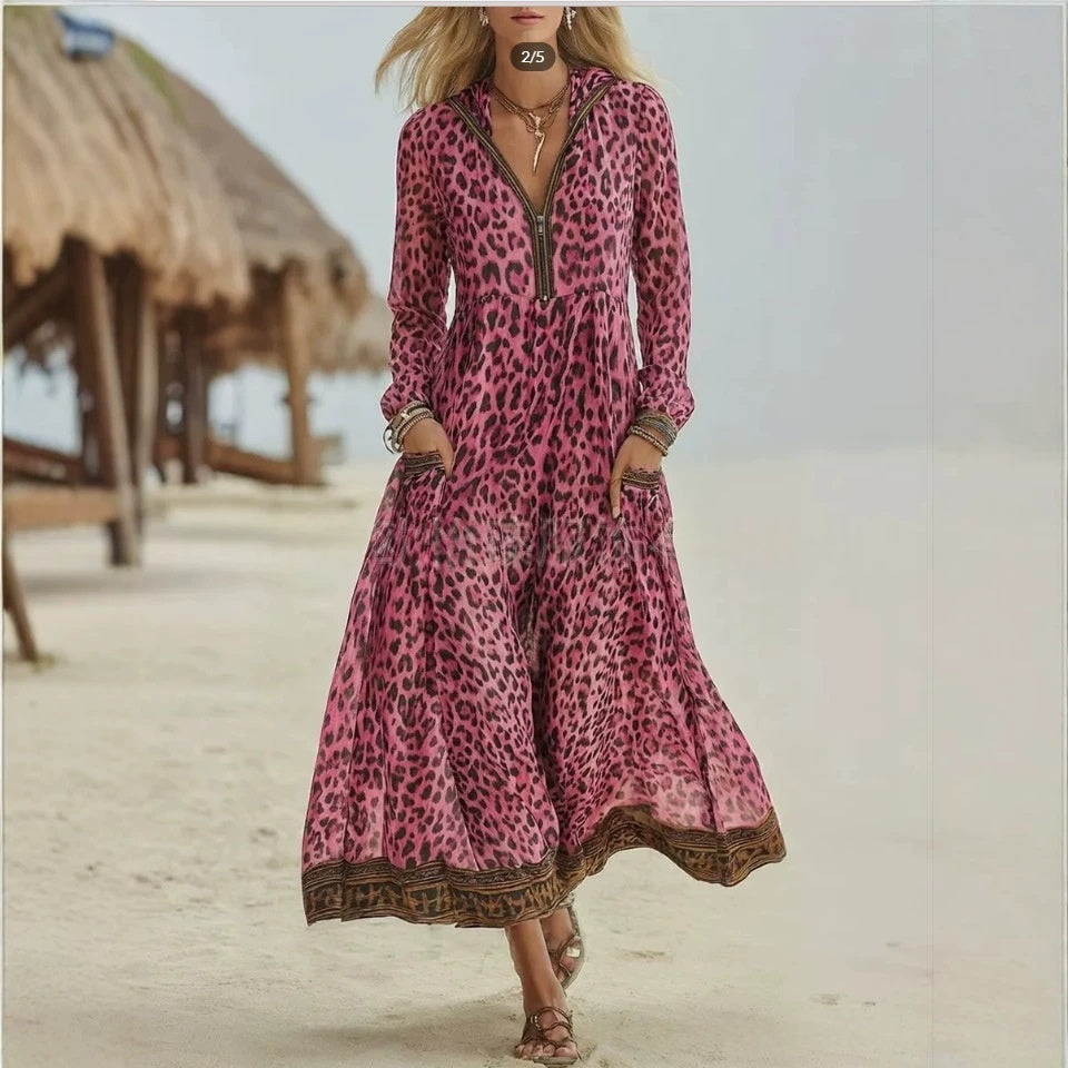 Retro Casual Leopard-Print Hooded Maxi Dress
