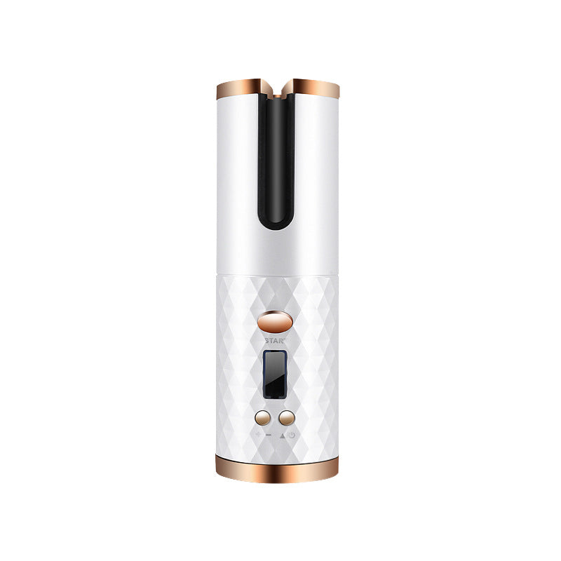 Automatic hair curler, white body with gold top accents and diamond-pattern grip