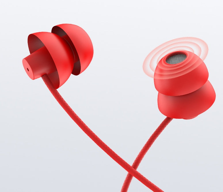 Red wired earbuds with silicone ear tips and 3.5mm connector cable