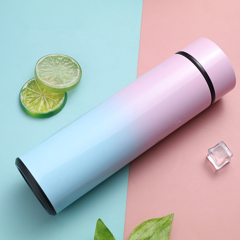 Vacuum insulated stainless steel bottle cup, pastel gradient light blue to pink with black rim