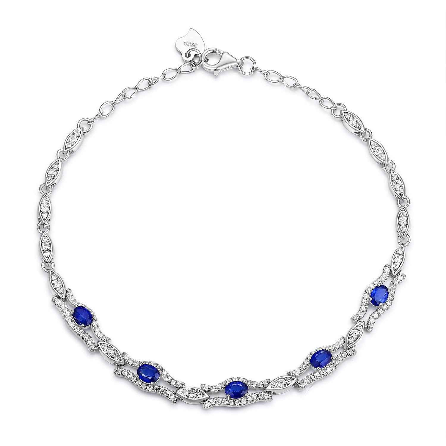 Silver tone sapphire bracelet with blue oval gemstones along the curved chain links