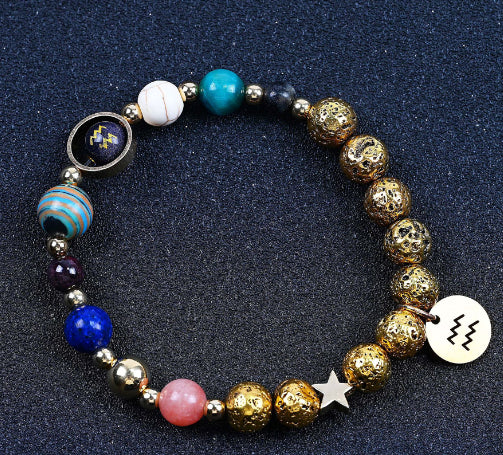 Zwölf-Konstellationen-Armbänder Blau San Vulkangestein Antikes & Gold Perlenarmband
