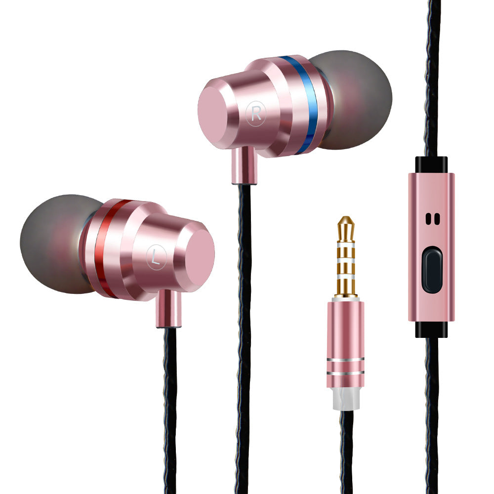 In-ear metal wired headphones, rose gold earbuds with blue ring accents, inline remote and plug