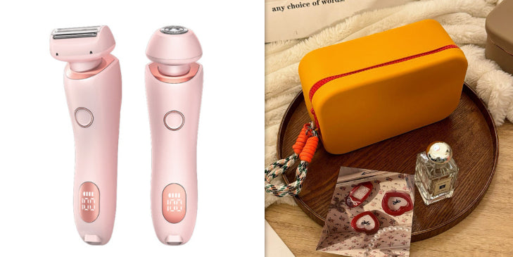 2-in-1 electric hair removal trimmer set, pink handheld unit with two attachments