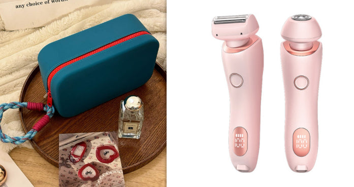 Electric hair trimmer with foil shaving head and pink body, with teal travel pouch