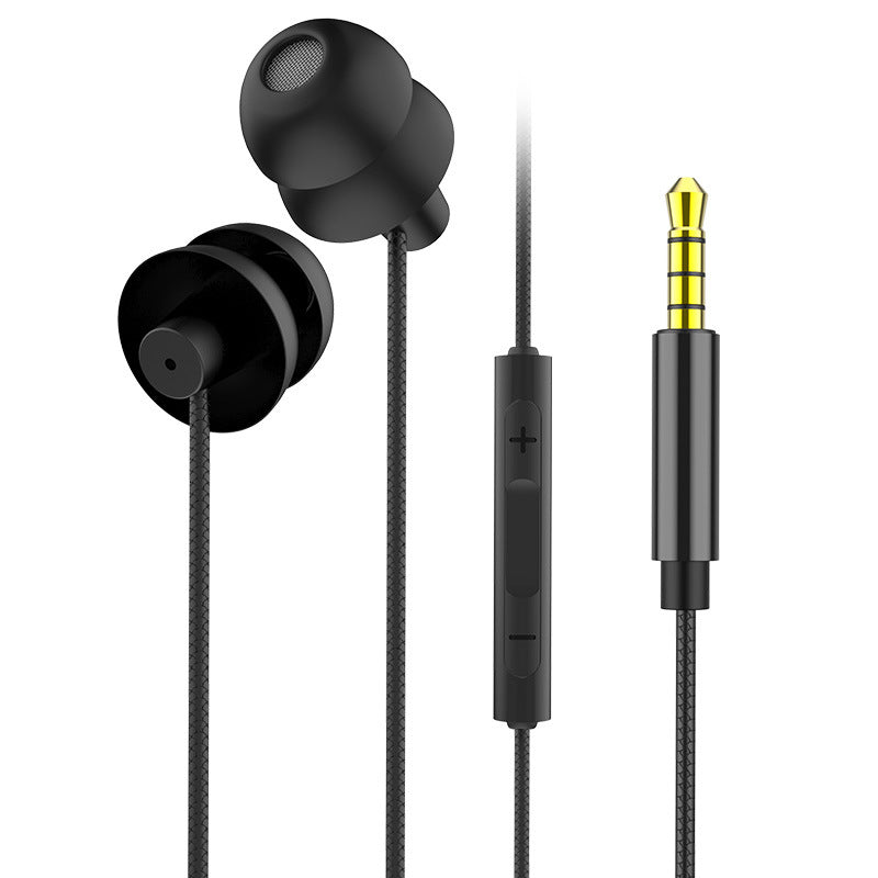 Black wired earbuds with inline remote, control buttons, and 3.5mm plug