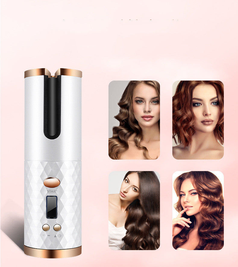 Automatic hair curler, white body with gold accents and black curling barrel