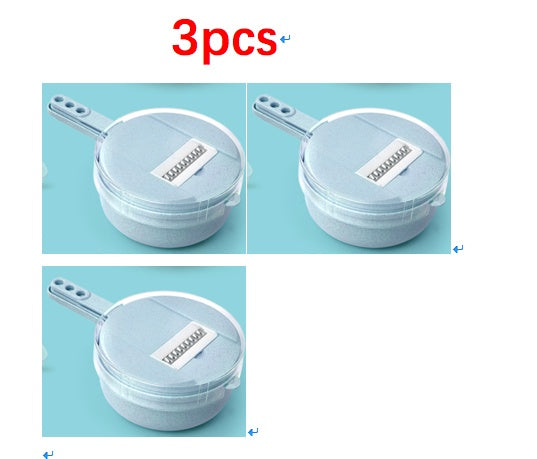 Blue mandoline slicer kit with round grating drum and side handle, three pieces