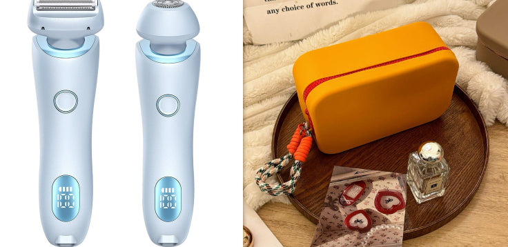 Electric hair trimmer with foil shaving head and light blue body, two angle views