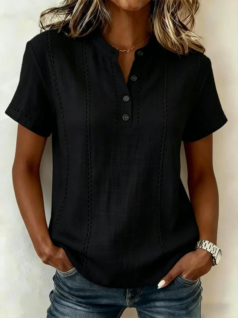 Women’s striped short-sleeve blouse, black with dark vertical stitching, button V-neck