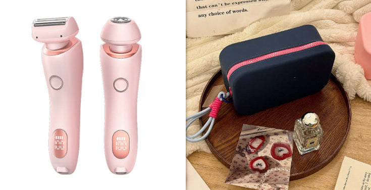 Electric hair trimmer with foil shaving head and pink body, dark pouch accessory