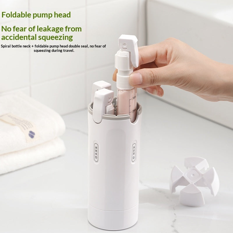 4-in-1 travel dispenser bottle with foldable pump head, white