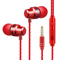 In-ear metal wired headphones, red earbuds with blue and white rings, red inline remote